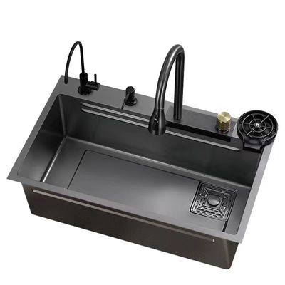 Moderne schwarze Edelstahl-Küchenspüle mit Glasspülmaschine und Wasserfalldesign